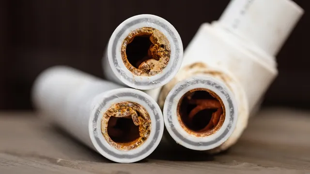 Before and after comparison showing cast iron pipe interior restoration through professional descaling service
