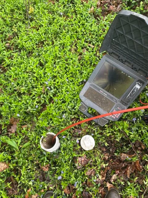Sewer camera inspection setup with monitor and push rod at a yard cleanout